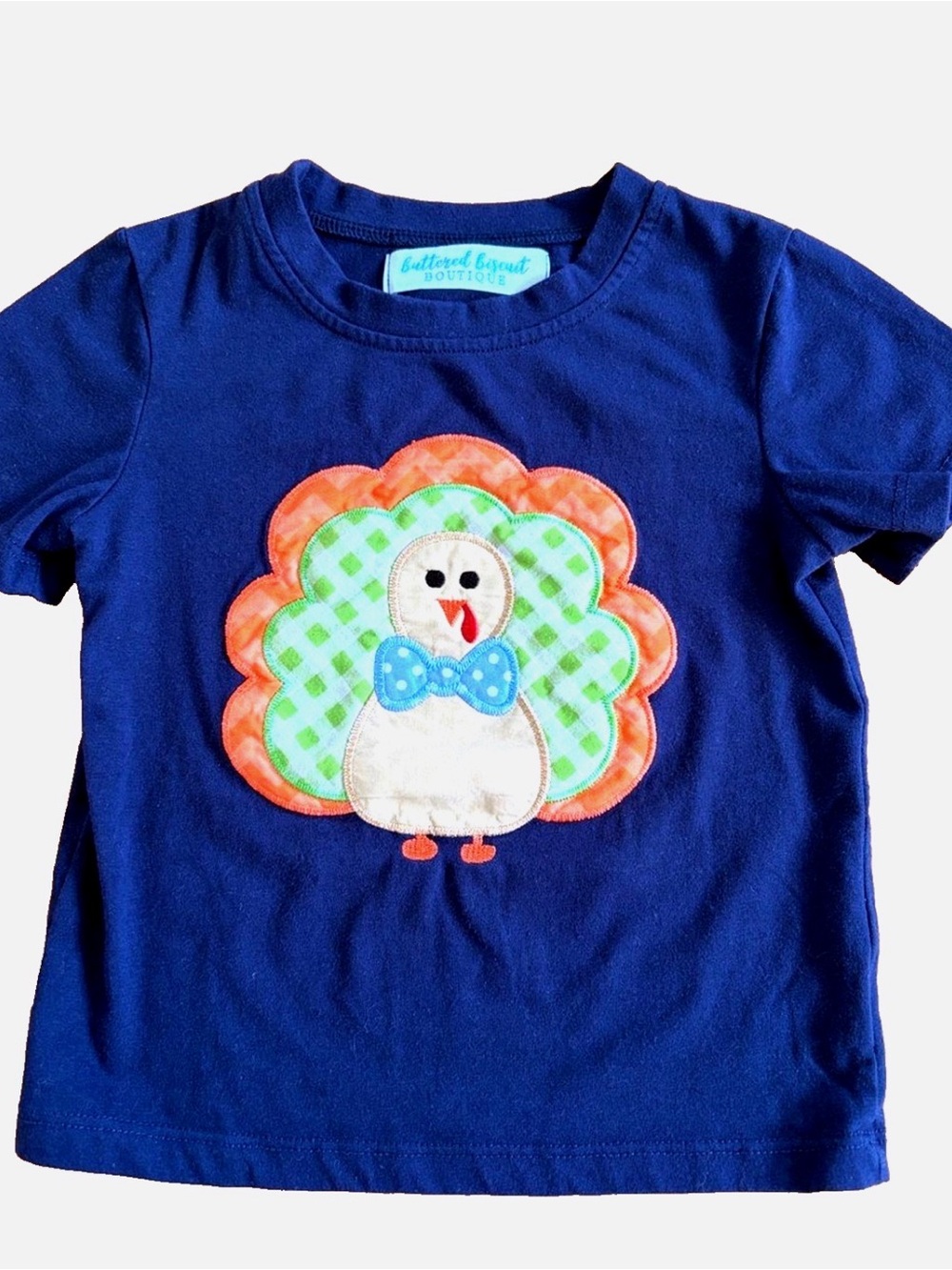 Buttered Biscuit Boutique Boys 2T Thanksgiving Turkey Applique Shirt Navy